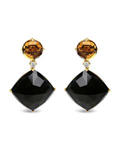 18K Yellow Gold 1/5 Cttw Diamond with Round Yellow Citrine and Cushion Cut Black Onyx Gemstone Dangle Earring (G-H Color, SI1-SI2 Clarity)