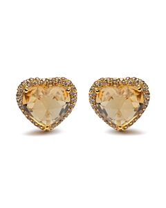 18K Yellow Gold 2/3 Cttw Brown Diamonds and 11x11mm Heart-Cut Yellow Citrine Gemstone Halo Heart Stud Earrings