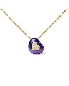 18K Yellow Gold Blue Enamel 1/10 Cttw Round Pave Diamonds Heart Shape 18" Pendant Necklace (G-H Color, SI1-SI2 Clarity)