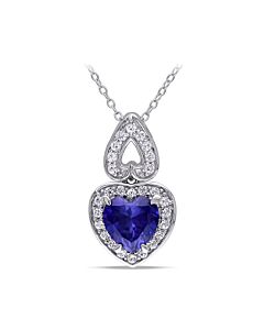 AMOUR 3 1/10 CT TGW Created Blue and Created White Sapphire Heart Halo Pendant with Chain In Sterling Silver