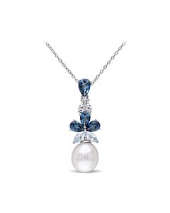 AMOUR 3 1/4 CT TGW London, Sky Blue and White Topaz and 9.5 - 10 Mm White Cultured Freshwater Pearl Drop Pendant with Chain In Sterling Silver