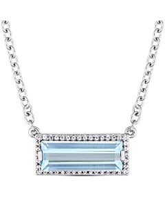 AMOUR 3 CT TGW Baguette Cut Blue Topaz and White Sapphire Halo Necklace In Sterling Silver
