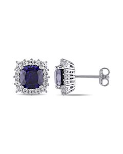 AMOUR 4 7/8 CT TGW Created Blue and White Sapphire Stud Earrings In Sterling Silver