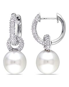 AMOUR 9 - 9.5 Mm South Sea Cultured Pearl and 1/2 CT TW Diamond Hinged Hoop Link Earrings In 14K White Gold