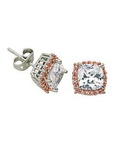 14k Rose Gold and Rhodium Plated Bronze Pink and White Cubic Zirconia Cushion Halo Stud Earrings