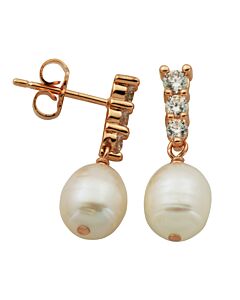 14k Rose Gold Over Fine Silver Plated Bronze Genuine Freshwater Pearl Graduated Cubic Zirconia Earrings