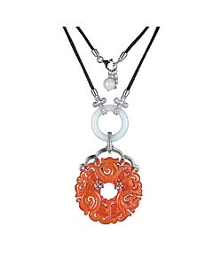 Morgan & Paige Sterling Silver Cubic Zirconia Genuine Green and Dyed Red Jade Open Circle Necklace, 25" + 2" Extender