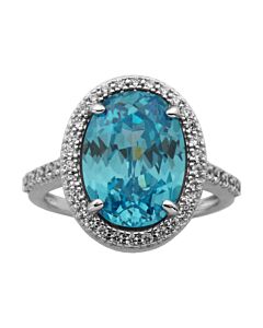 Morgan & Paige Sterling Silver Sky Blue and White Cubic Zirconia Oval Cut Halo Ring, Size 7