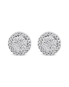 AGS Certified 14K White Gold 1.0 Cttw Brilliant-Cut Diamond Halo-Style Cluster Round Button Stud Earrings (G-H Color, I1-I2 Clarity)
