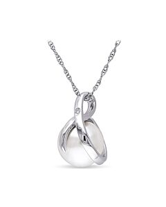 AMOUR 8 - 8.5 Mm Cultured Freshwater Pearl and Diamond Swirl Pendant with Chain In 10K White Gold