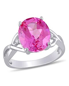 Amour 0.01 CT TDW Diamond and 7 1/2 CT TGW Created Pink Sapphire Cocktail Ring in Sterling Silver