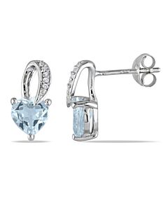 AMOUR Heart Shaped Aquamarine and Diamond Swirl Earrings In Sterling Silver