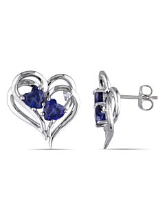 AMOUR Diamond and Created Blue Sapphire Heart Earrings In Sterling Silver