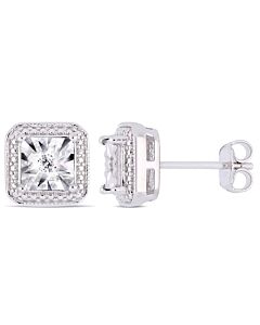 AMOUR Diamond Accent Square Halo Stud Earrings In Sterling Silver
