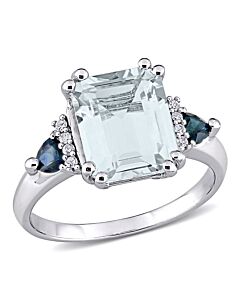 Amour 0.04 CT TDW Diamond and 3 1/3 CT TGW Ice Aquamarine w/ Sapphire Cocktail Ring in Sterling Silver