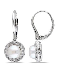 AMOUR 7.5 - 8 Mm White Cultured Freshwater Pearl and Diamond Filigree Halo Leverback Drop Earrings In Sterling Silver