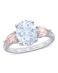 Amour 0.05 CT TDW Diamond and 3 CT TGW Ice Aquamarine and Morganite 3-Stone Ring in Sterling Silver
