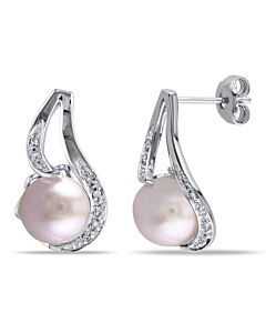 AMOUR 9 - 9.5 Mm Pink Cultured Freshwater Pearl Earrings with Diamonds In Sterling Silver