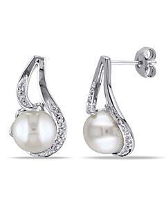 AMOUR 9 - 9.5 Mm White Cultured Freshwater Pearl Earrings with Diamonds In Sterling Silver