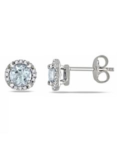 AMOUR Aquamarine and Diamond Halo Stud Earrings In Sterling Silver