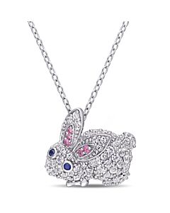 Amour 1 1/10 CT TGW Created Pink Sapphire Created White Sapphire Created Blue Sapphire Fashion Pendant With Chain Silver