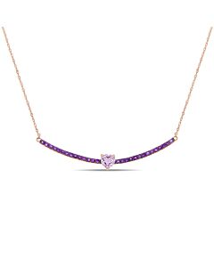 AMOUR 1 1/10 CT TGW Amethyst and Heart Shaped Rose De France Bar Necklace In 10K Rose Gold