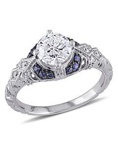 Amour 1 1/10 CT TW Diamond and Sapphire Victorian Engagement Ring in 14k White Gold