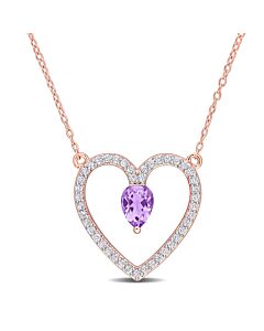 AMOUR 1 1/8 CT TGW Amethyst and White Topaz Open Heart Pendant with Chain In Rose Plated Sterling Silver