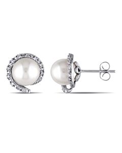 AMOUR 8 - 8.5 Mm Cultured Freshwater Pearl and 1/10 CT TW Diamond Stud Earrings In 10K White Gold