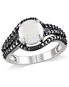 Amour 1/10 CT TDW Black Diamond and 1 1/4 CT TGW Opal Ring in Sterling Silver w/ Black Rhodium Plated