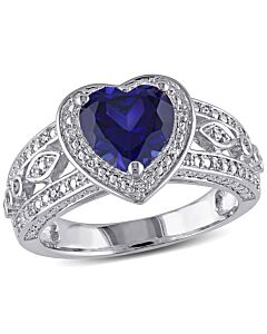 Amour 1/10 CT TDW Diamond and 2 1/4 CT TGW Created Blue Sapphire Heart Ring in Sterling Silver