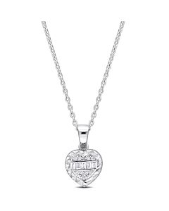 AMOUR 1/10CT TDW Parallel Baguette and Round-shaped Diamonds Heart Halo Necklace In 14K White Gold - 16.5 In.