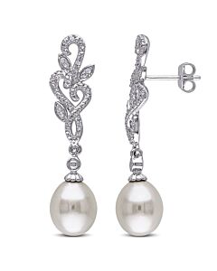 AMOUR 1/10 CT TW Diamond and 8.5 - 9 Mm White Cultured Freshwater Pearl Curlicue Leaf Drop Earrings In Sterling Silver