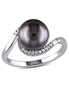 Amour 1/10 CT TW Diamond and 9 - 9.5 MM Black Tahitian Pearl Curlicue Ring in Sterling Silver