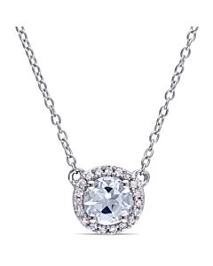 AMOUR 1/10 CT TW Diamond and Aquamarine Halo Necklace In Sterling Silver