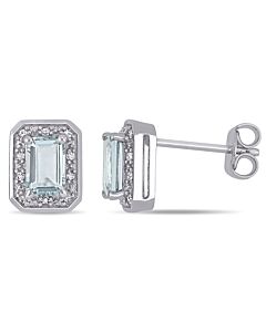 AMOUR 1/10 CT TW Diamond and Emerald Cut Aquamarine Halo Earrings In Sterling Silver