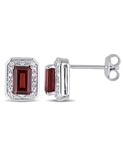 AMOUR 1/10 CT TW Diamond and Garnet Halo Stud Earrings In Sterling Silver