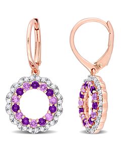 AMOUR 1 2/5 CT TGW Amethyst, African Amethyst and White Topaz Open Circle Drop Leverback Earrings In Rose Plated Sterling Silver