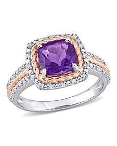 Amour 1 2/5 CT TGW Cushion Amethyst and 1/6 CT TDW Diamond Halo Ring in White and Rose Plated Sterling Silver