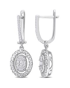 AMOUR 1/2CT TDW Parallel Baguette and Round-shaped Diamonds Halo Drop Huggie Earrings In 14K White Gold
