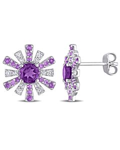 AMOUR 1 3/4 CT TGW African Amethyst and White Topaz Starburst Earrings In Sterling Silver