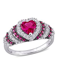 Amour 1 3/4 CT TGW Created Ruby and Created White Sapphire Heart Halo Vintage Ring in Sterling Silver