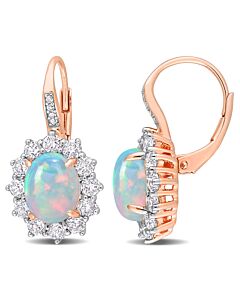 AMOUR 1 3/4 CT TGW Oval Shape Blue Ethiopian Opal and White Topaz and Diamond Accent Halo Leverback Earrings In Rose Plated Sterling Silver