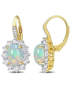 AMOUR 1 3/4 CT TGW Oval Shape Blue Ethiopian Opal and White Topaz and Diamond Accent Halo Leverback Earrings In Yellow Plated Sterling Silver