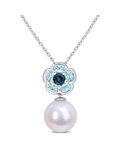 AMOUR 1 3/5 CT TGW Blue Topaz and 11-12 Mm Freshwater Cultured Pearl Floral Pendant with Chain In Sterling Silver
