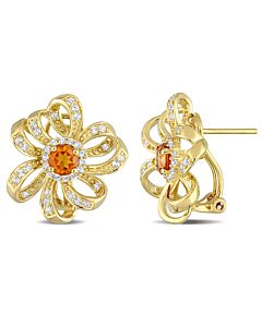 AMOUR 1 3/5 CT TGW Madeira Citrine and White Topaz Flower Omega Clip Earrings In Yellow Plated Sterling Silver