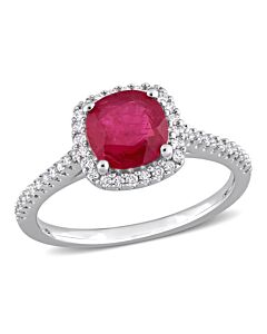 Amour 1 3/8 CT TGW Cushion Cut Ruby and 1/4 CT TDW Diamond Halo Engagement Ring in 14k White Gold
