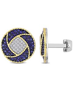 Amour 1/3 CT Diamond TW And 1 1/2 CT TGW Created Blue Sapphire Cufflink White Yellow Silver