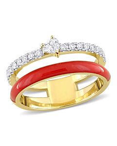 Amour 1/3 CT TDW Heart and Round Diamond Double Band Ring in 14k Yellow Gold and Red Enamel