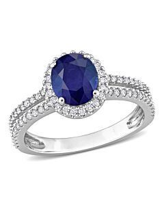 Amour 1 4/5 CT TGW Oval Blue Sapphire and 3/8 CT TDW Diamond Halo Engagement Ring in 14k White Gold